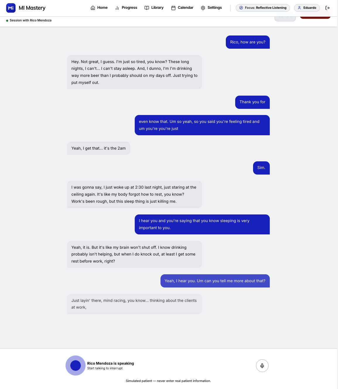 Live hands-free voice simulation session with real-time transcript exchange