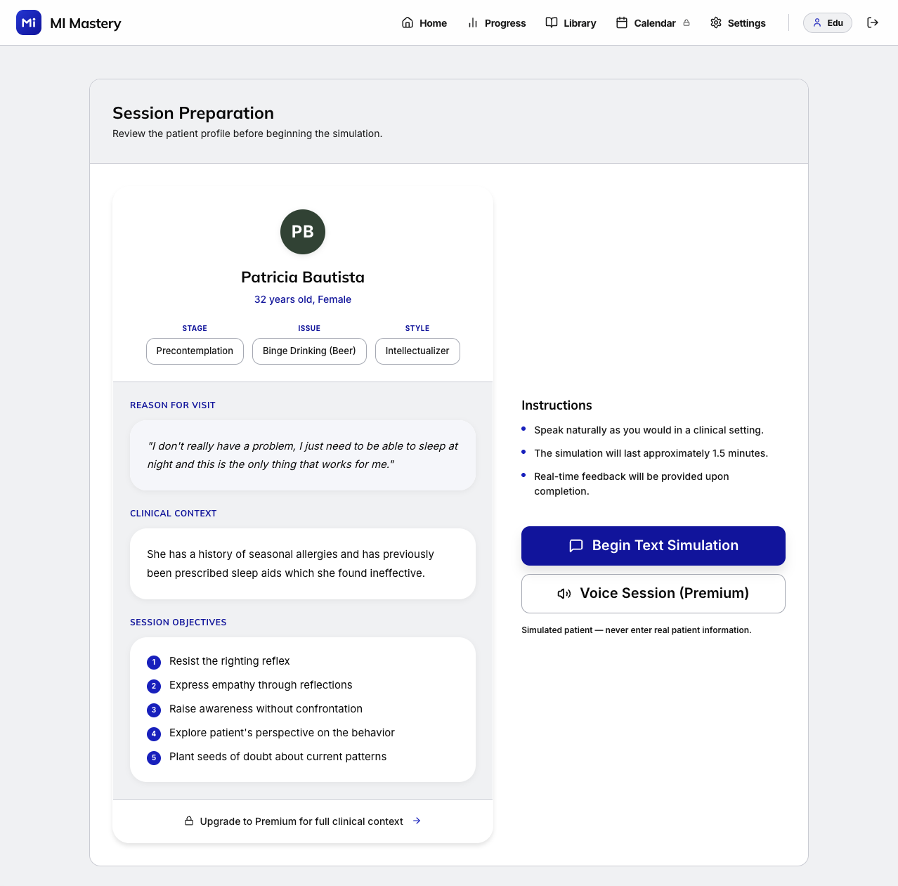 Patient Preparation Briefing interface showing clinical background and objectives